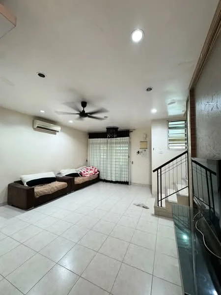 Living features: white painted walls, tile flooring, 5-blade ceiling fan with light, wall-mounted split AC, sofa with beige upholstery, sofa with black upholstery, curtains, staircase, TV console, recessed downlights; style: modern.