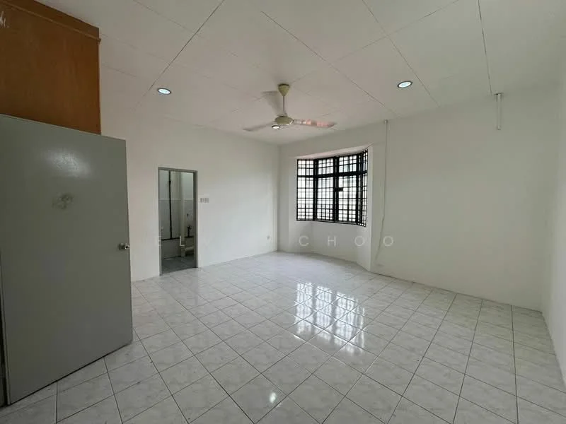 Room features: white painted walls, white ceiling, ceiling fan, floor-to-ceiling windows, white tiled flooring, open layout, doorway leading to bathroom, natural light from windows; style: minimalist.