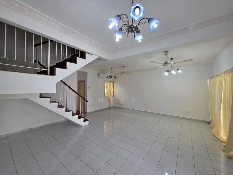 Living features: white painted walls, glossy ceramic tile flooring, ceiling with decorative crown moulding, 3-blade ceiling fan, 2-blade ceiling fan, chandelier with multiple lights, large windows with sheer curtains, staircase with wooden railing; style: modern.