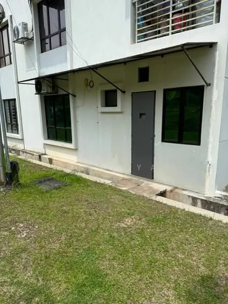 Exterior type: linked terrace house; features: white painted facade, grey door, large windows with black frames, air conditioning units visible, concrete pathway, manicured lawn, grass area, exposed concrete base; style: modern.