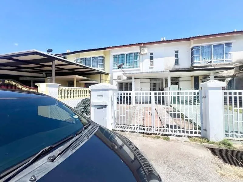 Exterior type: linked terrace house; features: two-storey building, white painted facade, metal roof, front porch with carport, fenced front yard, visible air conditioning units, multiple windows, paved walkway, manicured lawn, gated entry; style: modern.