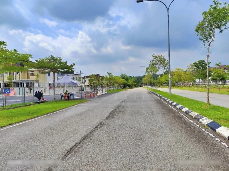 Exterior features: asphalt road, manicured lawn, mature trees, street lighting, roadside parking, fenced area, tent setup, clear sky, greenery in background.