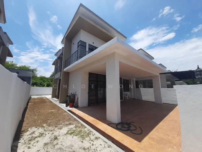 Exterior type: detached bungalow; features: two-storey structure, white painted facade, flat roof, covered porch area, paved flooring, manicured lawn area, fenced perimeter, balcony on upper floor, large windows, outdoor hose visible; style: modern.