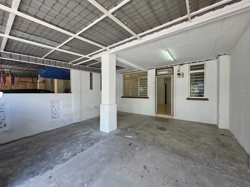 Exterior features: concrete flooring, white painted walls, metal roof with grid pattern, open space, support column, windows with metal grilles, exposed ceiling, partial wall with decorative cutouts; style: modern.