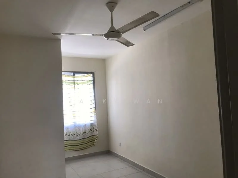 Room features: white painted walls, ceiling fan, window with sheer curtains, grey floor tiles.