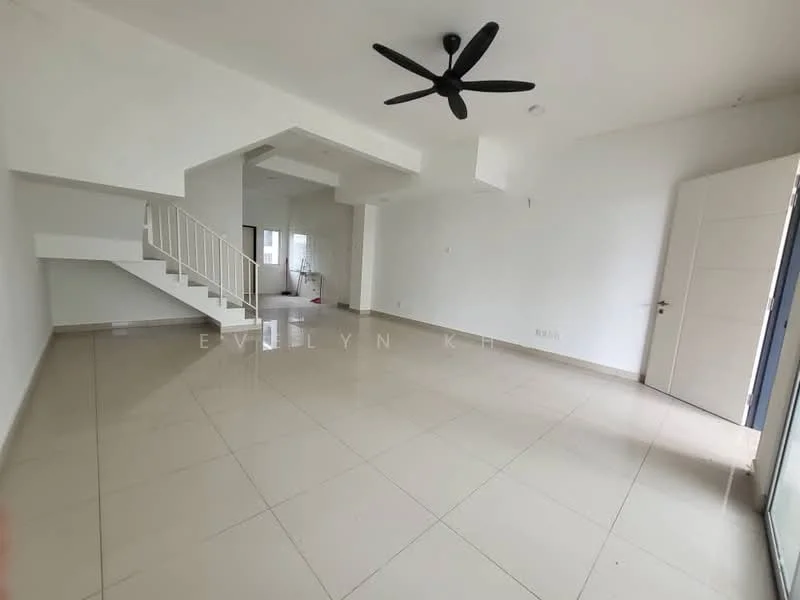 Living features: white painted walls, glossy ceramic tile flooring, 5-blade ceiling fan, large windows, sliding glass door, staircase with white railing, neutral color scheme, open layout; style: modern.