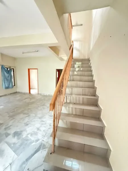 Room features: marble flooring, white painted walls, wooden staircase with railing, large windows, natural light, open layout, ceiling lights, doorway leading to another room; style: modern.