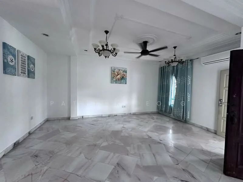 Living features: white painted walls, marble tile flooring, tray ceiling, 5-blade ceiling fan with light, chandelier, floor-to-ceiling windows, curtains in blue, decorative wall art; style: modern.