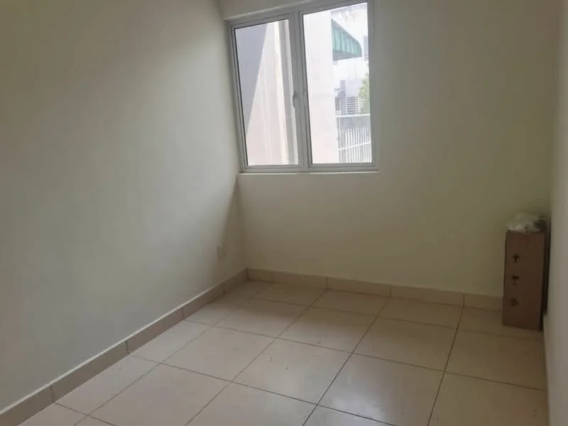 Room features: white painted walls, tile flooring, single window, natural light, corner room, minimal decor, empty space, neutral color scheme; style: minimalist.
