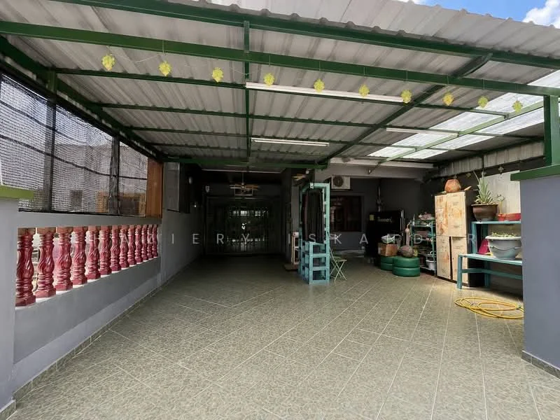 Exterior features: covered patio, greenery on ceiling, grey tiled flooring, metal roof, open space, decorative railing, storage cabinets, wall-mounted air conditioning unit; style: modern.