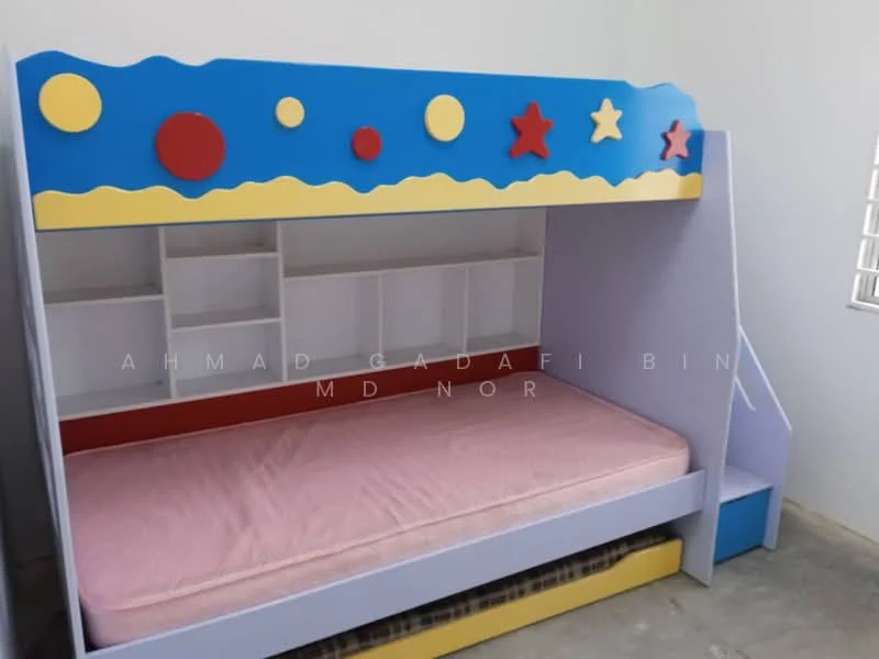 Bedroom features: bunk bed with colorful design, blue and red accents, built-in shelving unit, mattress on lower bunk, plain white walls, window with grid pattern, light-colored flooring; style: modern.