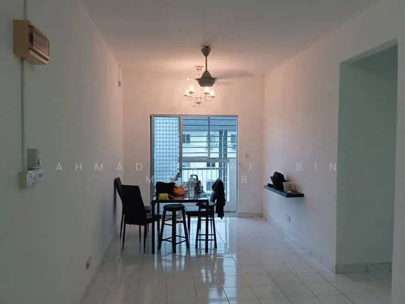 Dining features: white painted walls, glossy white tile flooring, ceiling light fixture with multiple bulbs, 4-seater dining table, black dining chairs, floor-to-ceiling windows, sheer curtains, decorative wall clock, open layout, air conditioning unit on wall; style: modern.