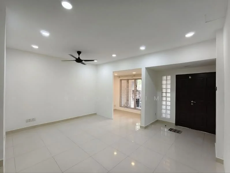 Living features: white painted walls, glossy ceramic tile flooring, 5-blade ceiling fan with light, recessed LED downlights, floor-to-ceiling windows, sliding glass door, dark wooden front door, neutral color scheme; style: modern; view: garden.