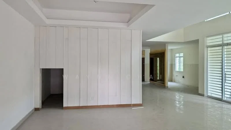Room features: white painted walls, smooth ceiling with recessed lighting, polished concrete flooring, large windows with horizontal slats, open layout, corner alcove, natural light from multiple angles, neutral color palette; style: modern.