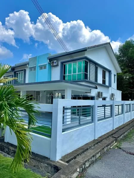 Exterior type: semi-detached house; features: white painted facade, blue accent wall, flat roof, approximately 2-storey, manicured lawn, paved walkway, multiple wall-mounted split AC units, glass windows, metal railing, front garden area, driveway, surrounded by greenery; style: modern.