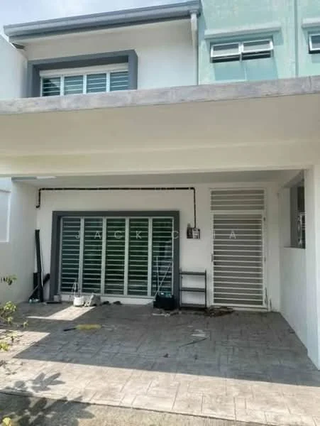Exterior type: linked terrace house; features: paved driveway, white painted facade, grey window frames, security grilles on windows, covered porch area, manicured landscaping, front garden area, side access gate; style: modern.