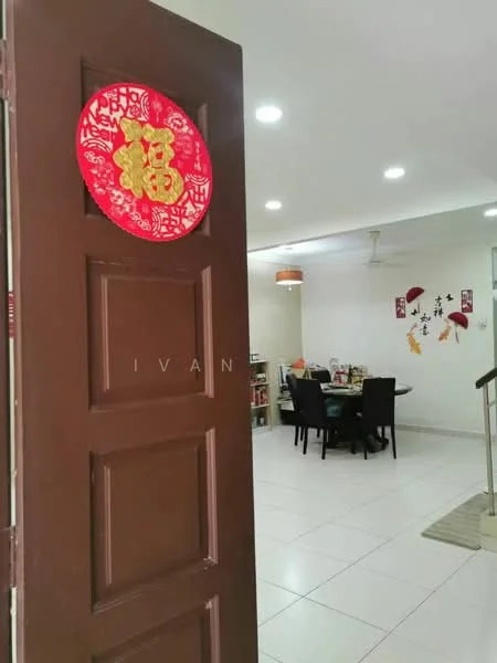 Dining features: white walls, tile flooring, ceiling with recessed downlights, round dining table, upholstered dining chairs, decorative wall art, wall-mounted fan, open layout to living area; style: modern. Room features: brown wooden door, red decorative wall hanging.