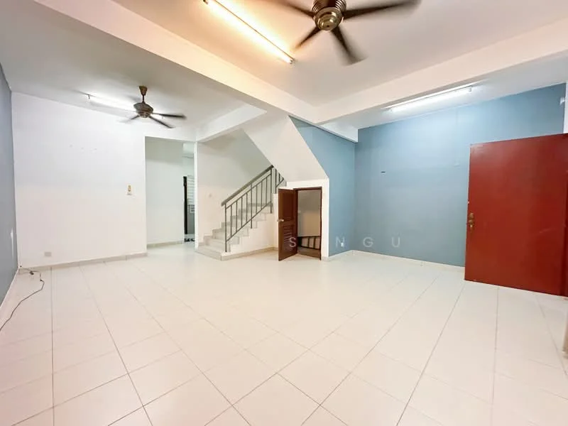Room features: white painted walls, light blue accent wall, white tiled flooring, ceiling fan, staircase, doorway, large open space, fluorescent lighting; style: modern.