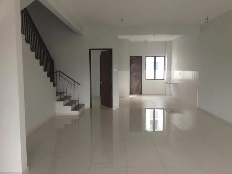 Living features: white painted walls, glossy tile flooring, staircase with metal railing, large window, doorway leading to another room, kitchen area visible in the background, ceiling lights; style: modern. Room features: white painted walls, glossy tile flooring, window, sink visible in the background.