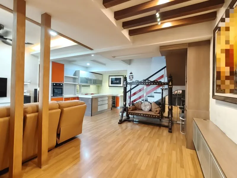 Living features: wooden flooring, exposed wooden beams on ceiling, sofa in beige leather, coffee table, wall-mounted TV, decorative wall art, built-in cabinetry, staircase with red railing; style: modern. Kitchen features: kitchen island, stainless-steel appliances, orange cabinetry, white countertops, built-in oven, gas hob, extractor hood; style: modern.