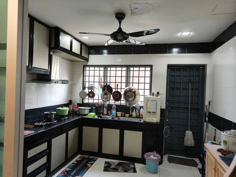 Kitchen features: black granite countertop, black and cream cabinetry, stainless-steel sink, chrome faucet, 5-blade ceiling fan with light, wall-mounted refrigerator, built-in oven, stove with multiple burners, tile backsplash, window with metal grille, floor tiles in white, open shelving, kitchen rug with geometric pattern; style: modern.