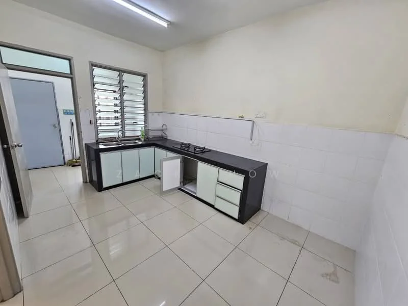 Kitchen features: black cabinetry, white countertop, double-bowl stainless-steel sink, 2-burner gas hob, white tiled walls, glossy floor tiles, window with louvered shutters, wall-mounted faucet, open shelving, under-sink storage; style: modern.