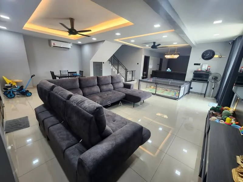 Living features: L-shape sectional sofa in grey, coffee table, wall-mounted TV, ceiling fan, recessed downlights, marble tile flooring, grey painted walls, decorative wall panel, open layout to dining area, large windows with curtains, air conditioning unit; style: modern. Dining features: 6-seater dining table, black dining chairs, pendant lighting above table; style: modern.