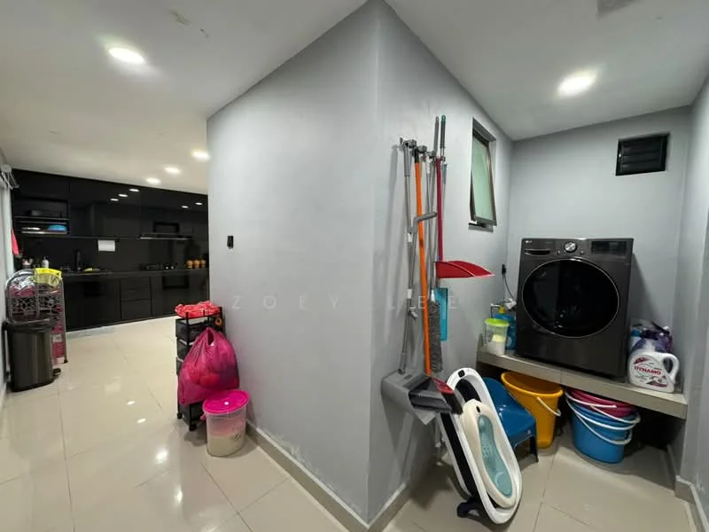 Laundry features: grey painted walls, glossy tile flooring, front-load washing machine, tumble dryer, storage shelves, cleaning supplies, mop and broom, plastic storage bins, window for natural light, light fixtures in ceiling; style: modern.
