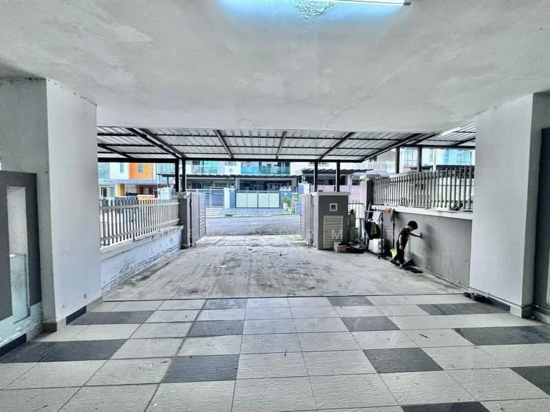 Exterior type: car porch; features: covered car porch, concrete flooring, grey and white tiled flooring, metal roof, perimeter fence, gate, open space, surrounded by residential buildings; style: modern.