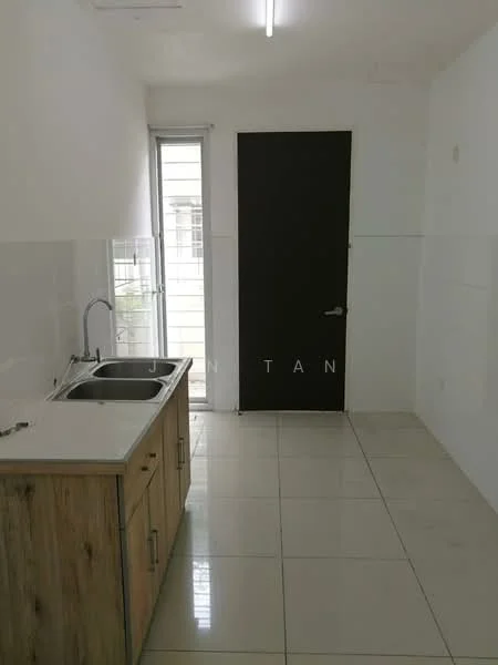Kitchen features: double-bowl stainless-steel sink, chrome pull-down faucet, white laminate countertop, wood cabinetry with natural finish, white tiled backsplash, ceramic tile flooring, floor-to-ceiling window, single door, recessed lighting; style: modern.