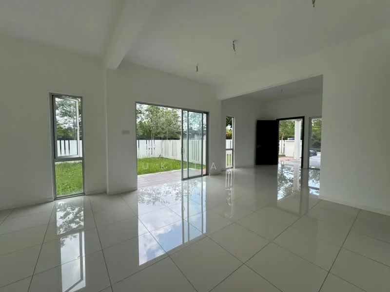 Room features: white painted walls, glossy porcelain tile flooring, large floor-to-ceiling windows, sliding glass door, high ceiling with exposed beams, natural light flooding in, view of garden, open layout; style: modern; view: garden.