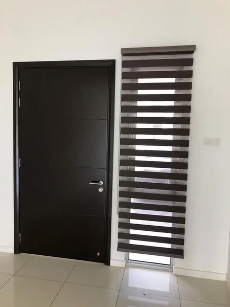 Room features: dark wooden door, silver door handle, vertical striped window treatment, white walls, glossy beige tile flooring; style: modern.