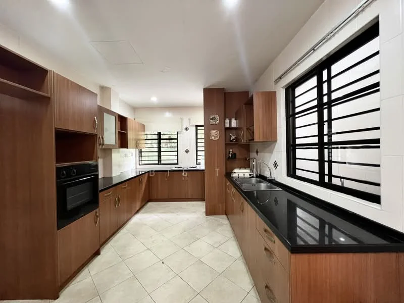 Kitchen features: brown wooden cabinetry, black granite countertop, stainless-steel sink, chrome pull-down faucet, built-in oven, freestanding range oven, ceramic tile flooring, window with black metal grille, recessed downlights, open shelving, tile backsplash; style: modern.
