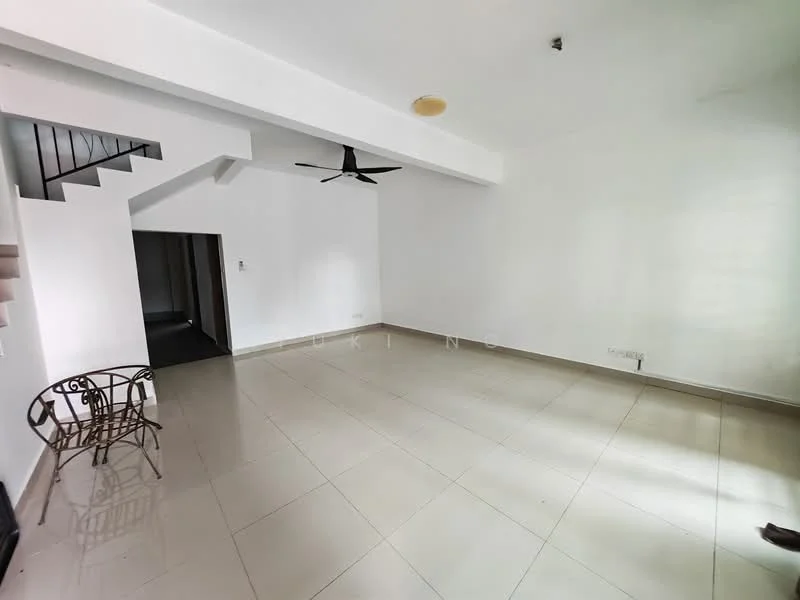 Living features: white painted walls, polished ceramic tile flooring, 5-blade ceiling fan, large windows, staircase leading to upper level, open layout, no visible furniture, neutral color scheme; style: minimalist.