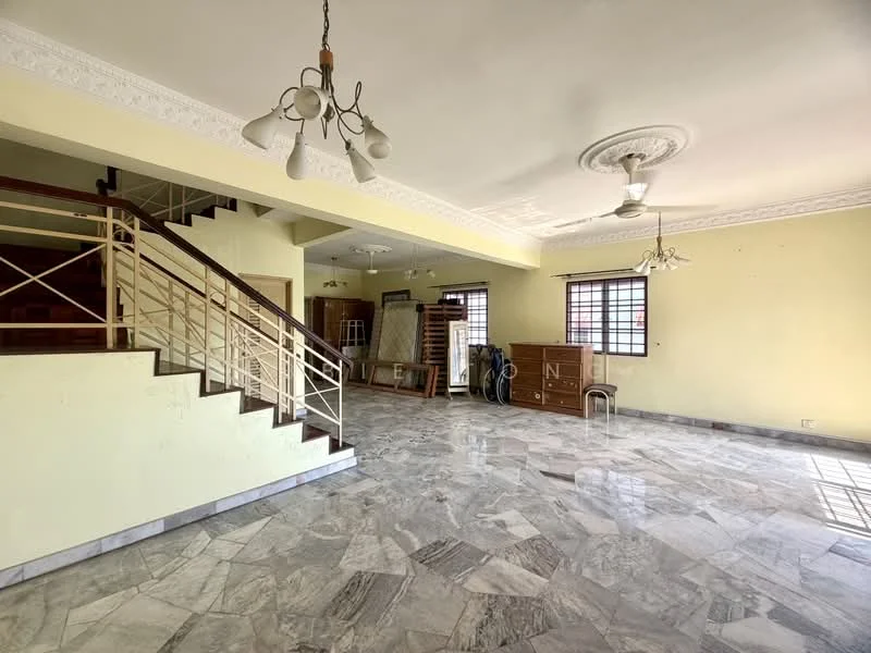 Living features: marble flooring, yellow painted walls, crown moulding, 5-blade ceiling fan, chandelier, large windows, staircase with metal railing, open layout, decorative ceiling rose; style: traditional.