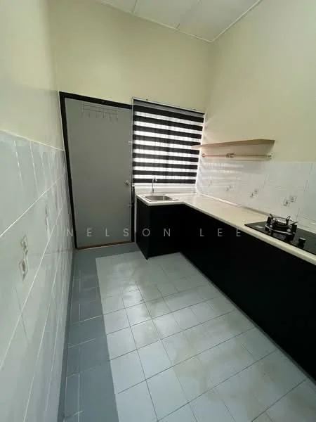Kitchen features: black cabinetry, white tiled backsplash, single-bowl stainless-steel sink, chrome pull-down faucet, built-in gas stove, grey tiled flooring, window with black and white striped blinds, countertop with space for appliances, door leading to another room; style: modern.