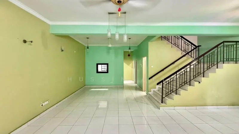 Living features: green painted walls, white ceiling with crown moulding, tile flooring, 5-blade ceiling fan, recessed downlights, large window, staircase with metal railing, open layout; style: modern. Hallway features: green painted walls, tile flooring, doorway leading to other rooms; style: modern.