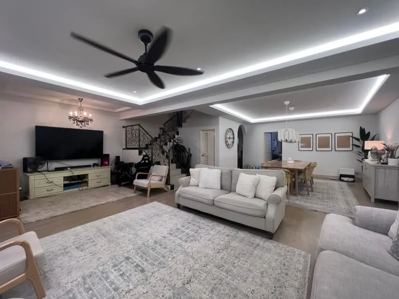 Living features: 3-seater fabric sofa in light grey, 2 armchairs in light wood, area rug with geometric pattern, coffee table, wall-mounted TV, TV console with storage, chandelier with multiple bulbs, 5-blade ceiling fan with light, recessed LED downlights, tray ceiling with LED strip lighting, large windows with natural light, decorative plants; style: modern. Dining features: 6-seater dining table in wood, upholstered dining chairs, pendant lamp above dining table, decorative wall art, sideboard with storage; style: modern.