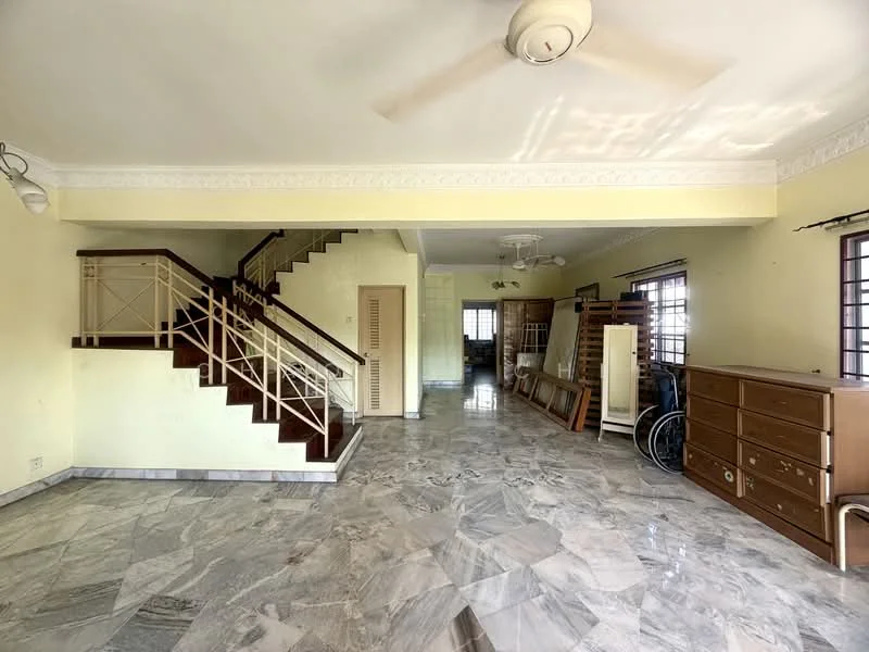 Living features: marble flooring, yellow painted walls, ceiling fan, recessed downlights, large windows, staircase with wooden railing, built-in wooden cabinet, open layout, natural light, decorative ceiling moulding; style: traditional. Room features: marble flooring, yellow painted walls, large windows, decorative ceiling moulding.