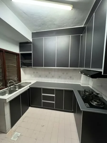 Kitchen features: black cabinetry with silver trim, stainless-steel double-bowl sink, chrome faucet, black countertop, built-in gas hob with 2 burners, exhaust hood, white tiled backsplash, white tiled flooring, window with wooden frame, overhead cabinets, under-cabinet storage; style: modern.