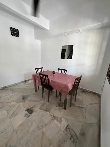 Dining features: marble flooring, white painted walls, square dining table with pink tablecloth, four wooden dining chairs, wall clock, framed artwork, natural light from window, ceiling light fixture; style: minimalist.