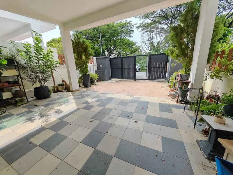 Exterior features: paved flooring with black and white tiles, manicured greenery, decorative potted plants, gated entrance, open outdoor space, surrounded by trees; style: modern.