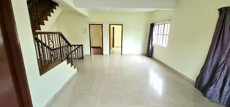 Living features: cream painted walls, polished tile flooring, large windows with natural light, curtains in dark fabric, staircase with wooden railing, doorways leading to other rooms, high ceiling, open layout; style: modern.