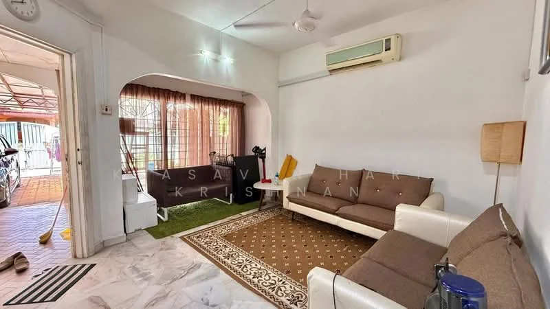 Living features: white painted walls, marble tile flooring, 5-blade ceiling fan, wall-mounted split AC, sofa in cream color, brown fabric sofa, area rug with geometric pattern, coffee table, curtains, decorative lamp, window with view to outdoor area; style: modern.