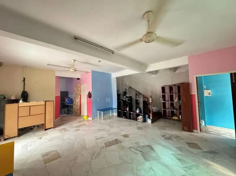 Room features: marble tile flooring, white painted walls, blue accent wall, pink accent wall, ceiling fan, open shelving unit, wooden cabinet, partition wall, natural light from windows; style: modern.
