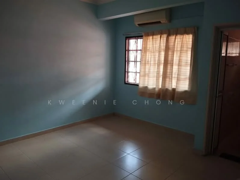 Room features: light blue painted walls, cream curtains, floor-to-ceiling window, tile flooring, wall-mounted split AC.