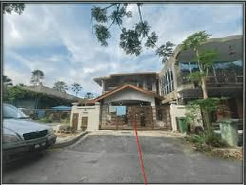 Exterior type: semi-detached house; features: stone cladding on facade, pitched tile roof, manicured lawn, paved driveway, surrounded by greenery, large windows, outdoor seating area, front gate, two-storey structure; style: modern.