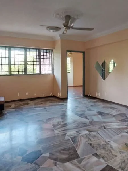 Room features: ceiling fan, large windows, marble flooring, neutral painted walls, decorative ceiling rose, mirror wall decoration; style: modern; view: garden.