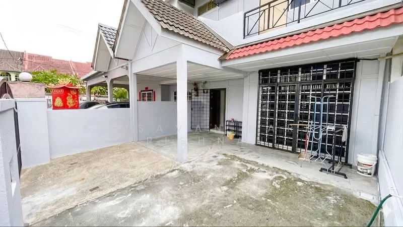 Exterior type: semi-detached house; features: covered car porch, grey concrete flooring, white painted walls, red tiled roof, black metal grille windows, manicured lawn, fenced perimeter, outdoor water tap, paved walkway; style: modern.
