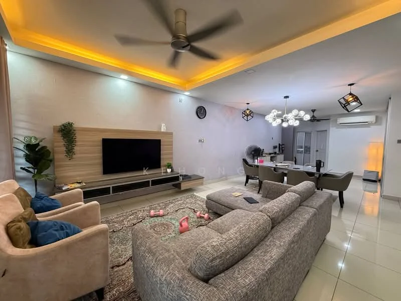 Living features: grey fabric sectional sofa, beige 2-seater sofa, coffee table, TV console with wall-mounted TV, area rug with geometric pattern, 5-blade ceiling fan with light, recessed LED downlights, decorative wall clock, wall-mounted plant decor, dining table with chairs, white walls, glossy tile flooring; style: modern.
